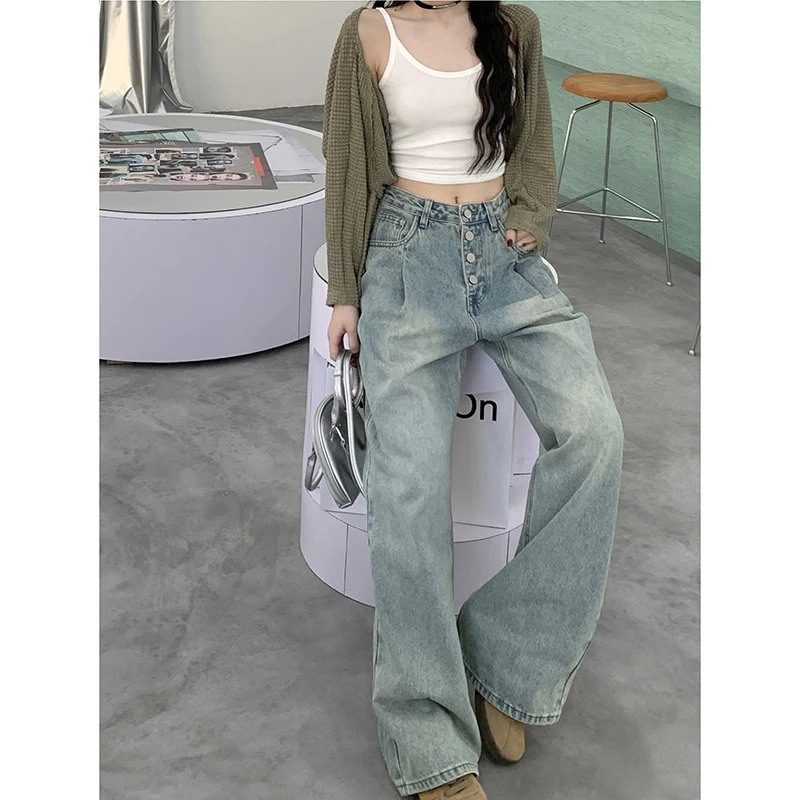 Blue Vintage Y2K High Waist Wide Leg Jeans - American Streetwear Fashion for Women