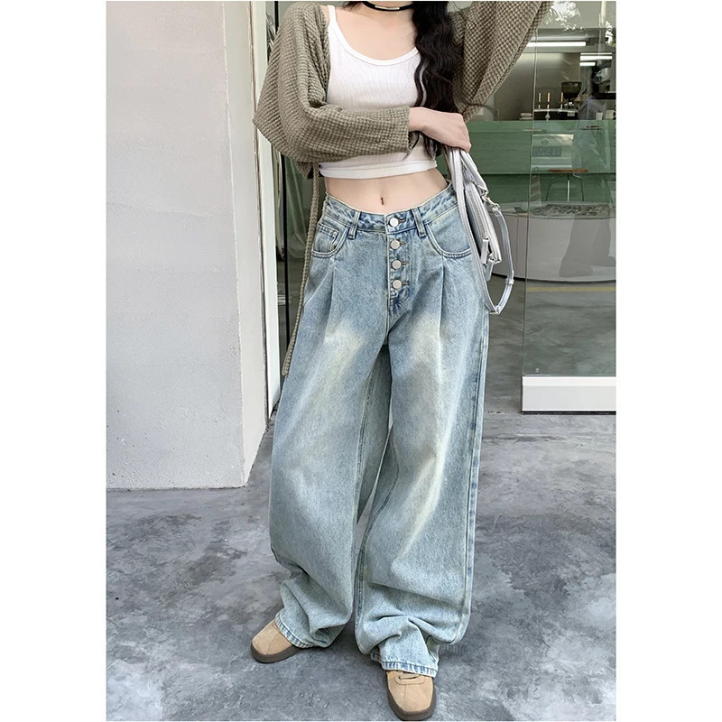 Blue Vintage Y2K High Waist Wide Leg Jeans - American Streetwear Fashion for Women