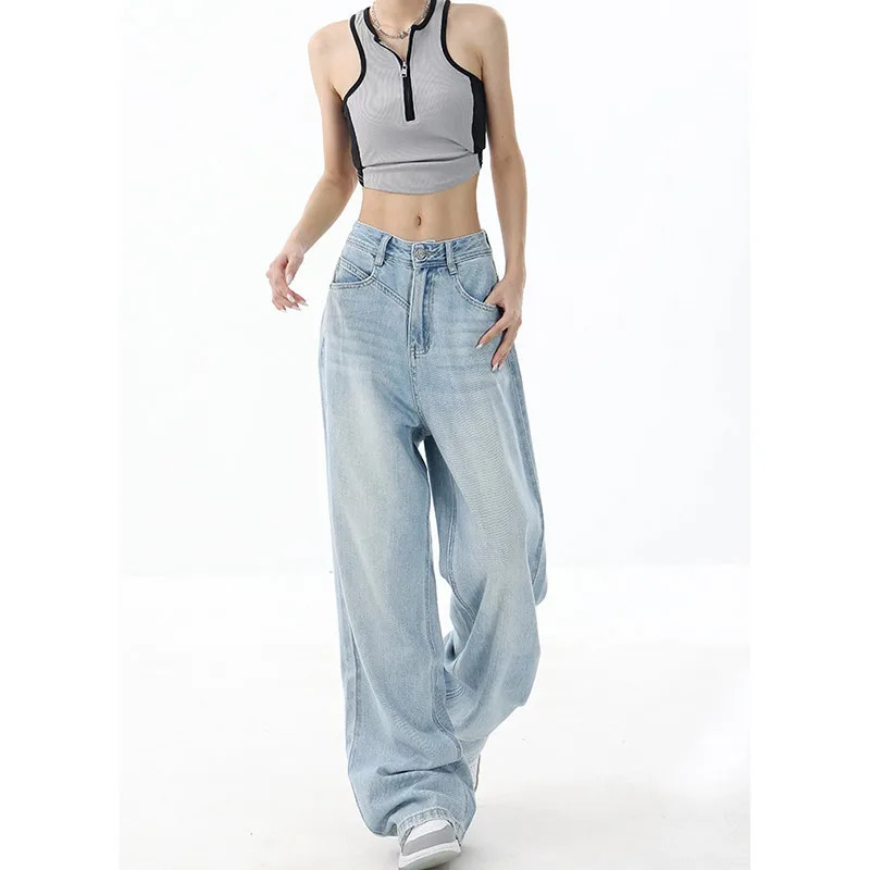 Blue Women's Y2K Streetwear Retro Fashion High Waist Jeans - Loose Wide Leg Straight Baggy Chic Design