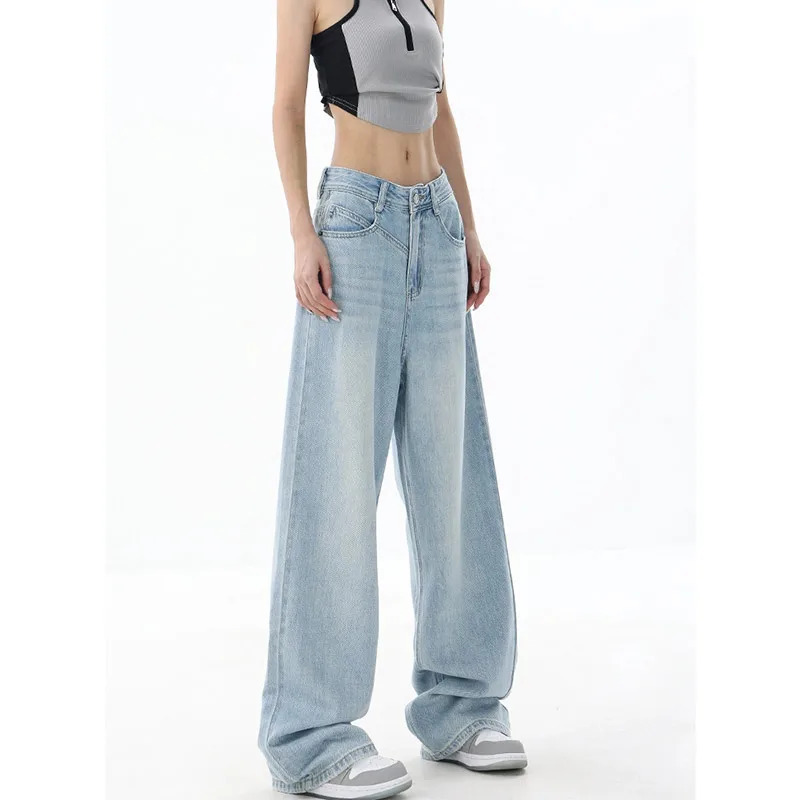 Blue Women's Y2K Streetwear Retro Fashion High Waist Jeans - Loose Wide Leg Straight Baggy Chic Design