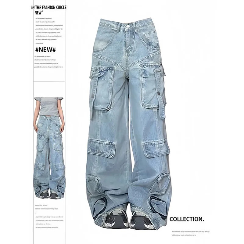 Blue Y2k Cargo Jeans: Harajuku 90s Aesthetic Oversize Denim Trousers