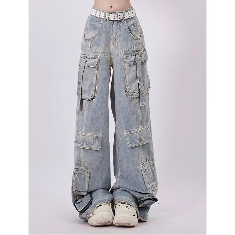 Blue Y2k Cargo Jeans: Harajuku 90s Aesthetic Oversize Denim Trousers