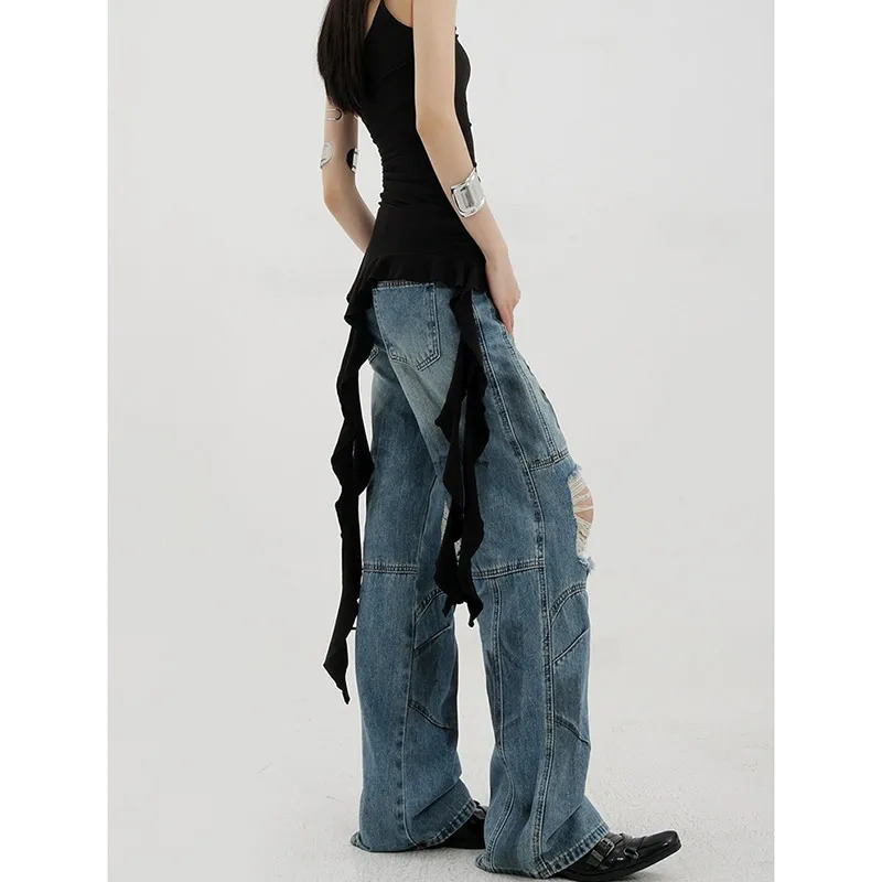 Blue Y2k Ripped Jeans: Baggy Harajuku Aesthetic 2000s Trashy Oversize Denim