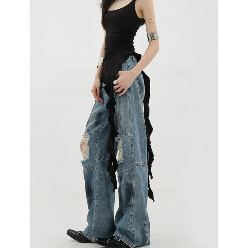 Blue Y2k Ripped Jeans: Baggy Harajuku Aesthetic 2000s Trashy Oversize Denim