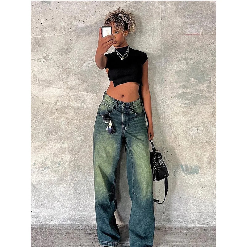 Blue Y2K Style Women Jeans - Vintage High Waisted Streetwear Wide Leg Denim Pants