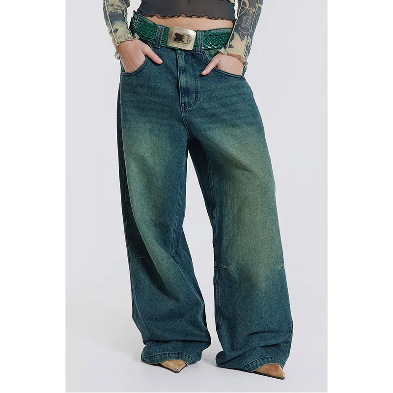 Blue Y2K Style Women Jeans - Vintage High Waisted Streetwear Wide Leg Denim Pants