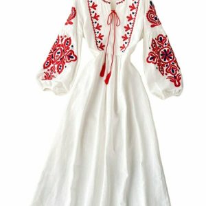 Bohemian O-Neck Lantern Sleeve Dress - Y2K Summer Grunge Outfit, 90s Retro Fashion