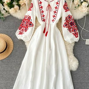 Bohemian O-Neck Lantern Sleeve Dress - Y2K Summer Grunge Outfit, 90s Retro Fashion