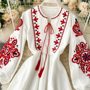 Bohemian O-Neck Lantern Sleeve Dress - Y2K Summer Grunge Outfit, 90s Retro Fashion