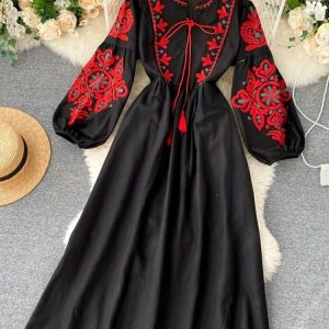 Bohemian O-Neck Lantern Sleeve Dress - Y2K Summer Grunge Outfit, 90s Retro Fashion