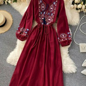 Boho Embroidered Long Dress - Y2K Summer Outfit, 90s Fashion, Grunge, Retro Style