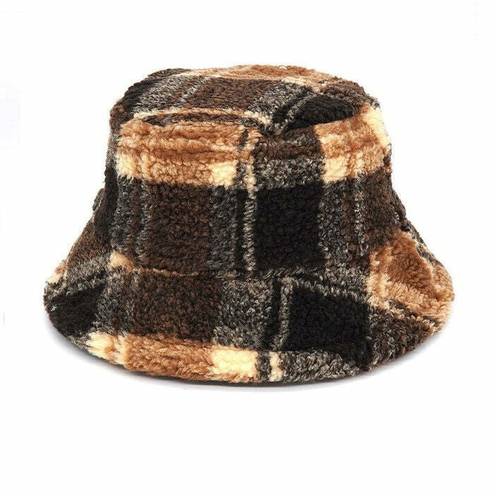 Brown Plaid Fuzzy Bucket Hat - Y2K Grunge 90s Fashion Retro Summer Outfit Accessory