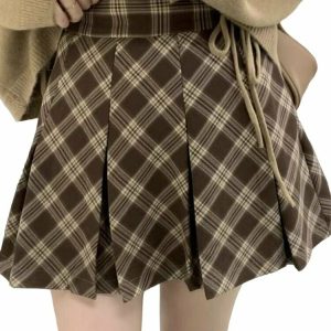 Brown Plaid Preppy Mini Skirt - Y2K Summer Outfit, 90s Fashion, Grunge, Retro Style