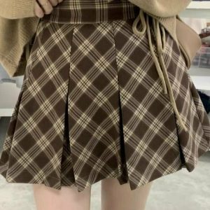 Brown Plaid Preppy Mini Skirt - Y2K Summer Outfit, 90s Fashion, Grunge, Retro Style