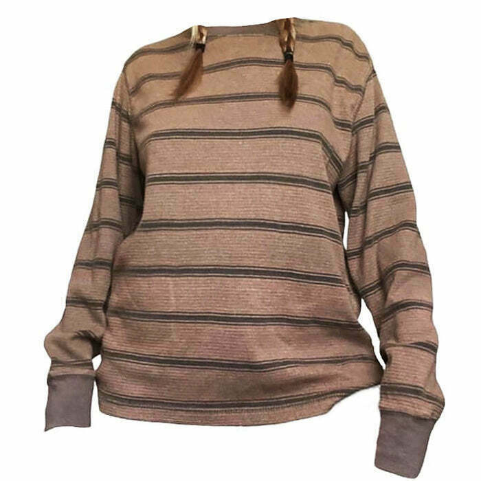 Brown Striped Longsleeve Top - Y2K & 90s Fashion, Grunge, Retro, Summer &