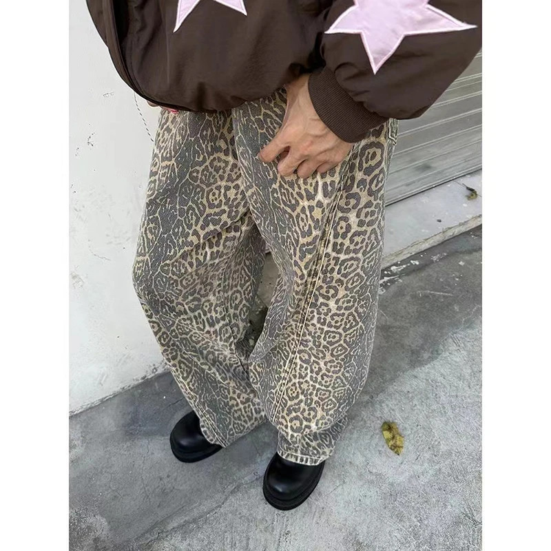 Brown Women's Y2K Leopard Print High Waist Jeans - Vintage Streetwear Fashion