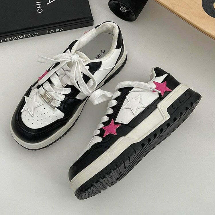 Bubblegum Pink Star Sneakers - Y2K & 90s Fashion, Grunge, Retro, Hip Hop, Summer Out