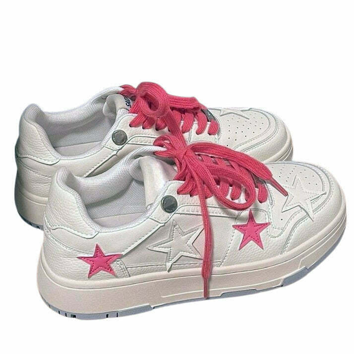 Bubblegum Pink Star Sneakers in White - Y2K & 90s Fashion, Retro Grunge, Summer & Party Out