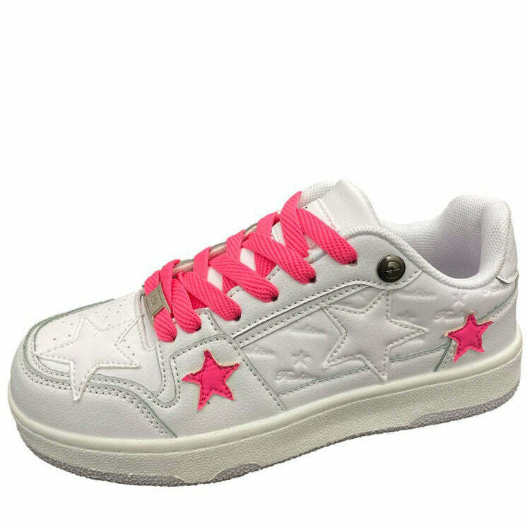 Bubblegum Pink Star Sneakers in White - Y2K & 90s Fashion, Retro Grunge, Summer & Party Out