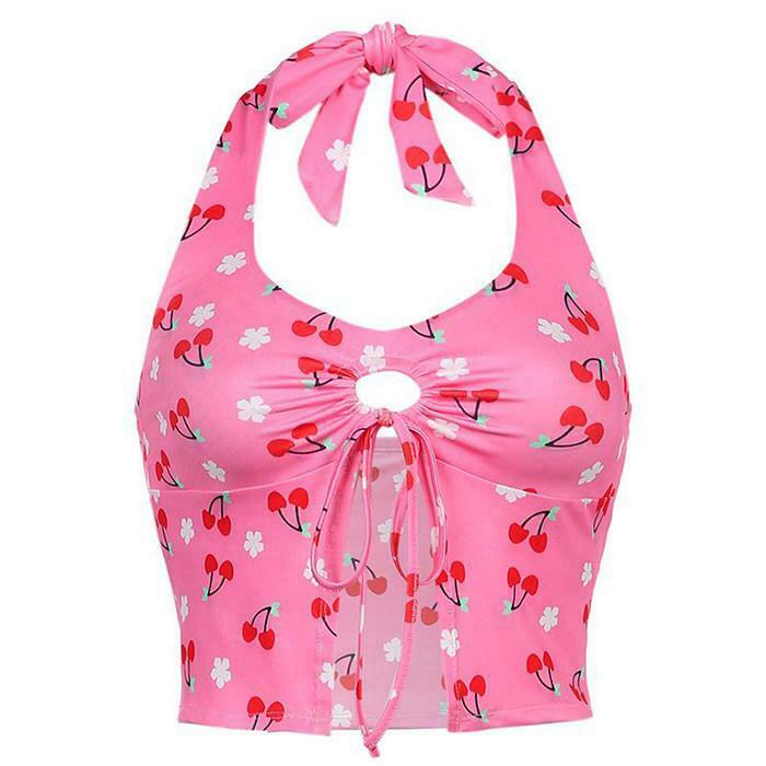 Cherry Blossom Halter Top - Y2K Summer Grunge, 90s Fashion, Retro Y2K Party Outfit