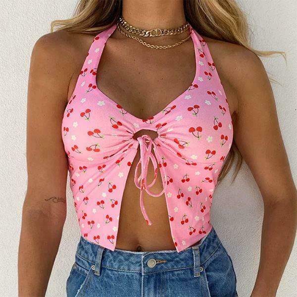 Cherry Blossom Halter Top - Y2K Summer Grunge, 90s Fashion, Retro Y2K Party Outfit