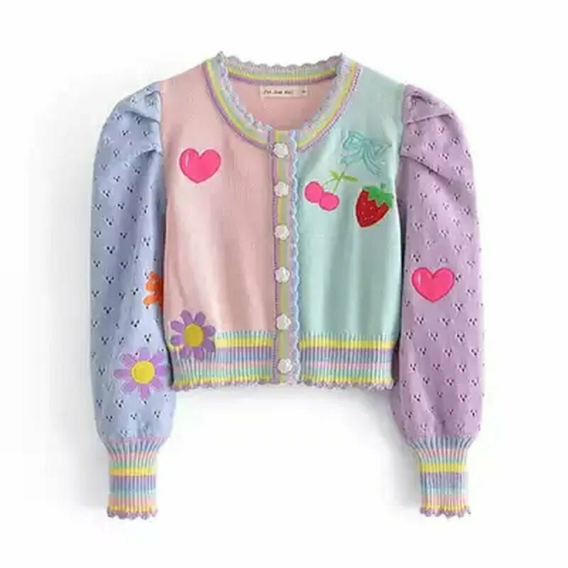 Cherry-Embroidered Knit Cardigan - Y2K Summer Grunge, 90s Retro, Pastel Goth,