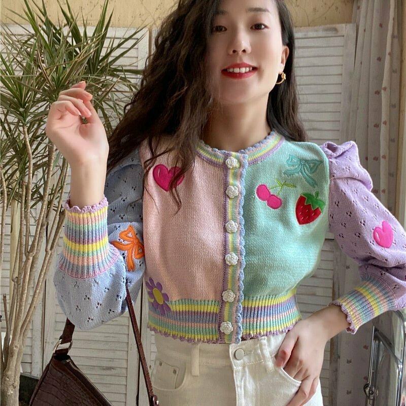 Cherry-Embroidered Knit Cardigan - Y2K Summer Grunge, 90s Retro, Pastel Goth,