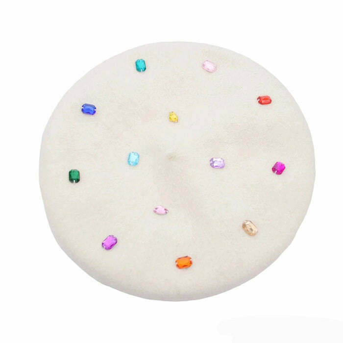 Colorful Rhinestone Beret Hat - Y2K & 90s Fashion, Grunge, Retro, Pastel