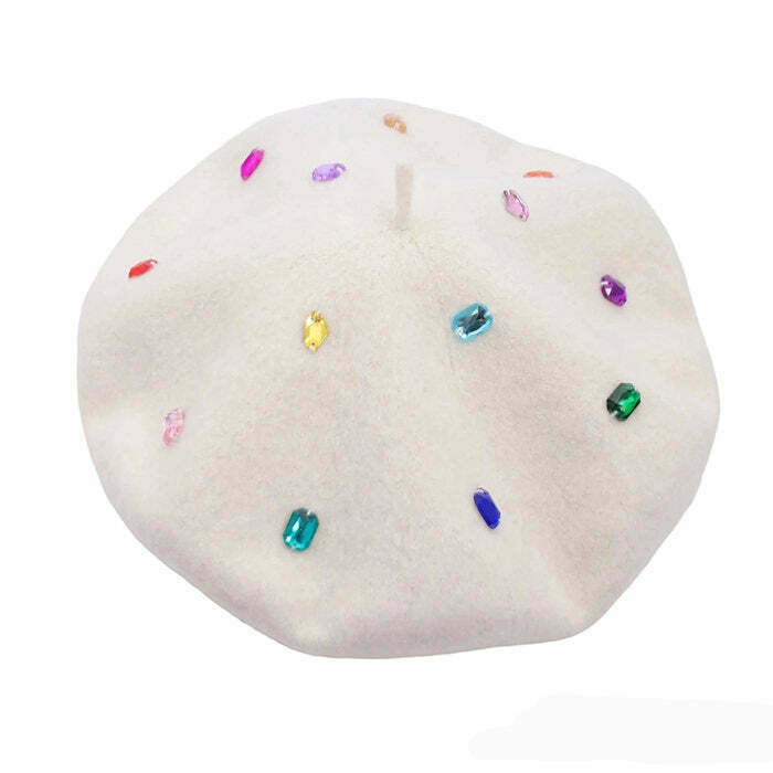 Colorful Rhinestone Beret Hat - Y2K & 90s Fashion, Grunge, Retro, Pastel