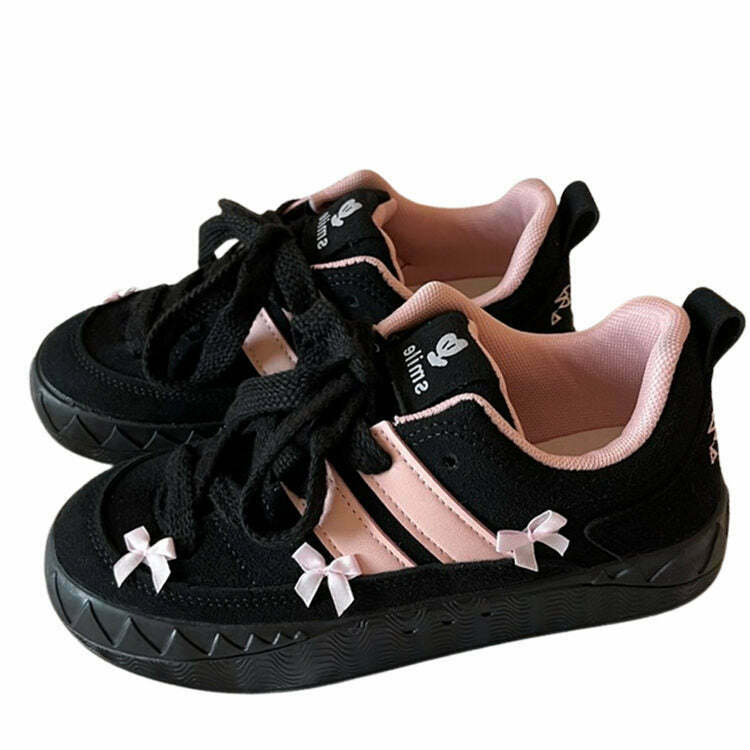 Coquette Aesthetic Pink Bow Sneakers - Y2K & 90s Fashion, Grunge, Retro, Summer Outfits