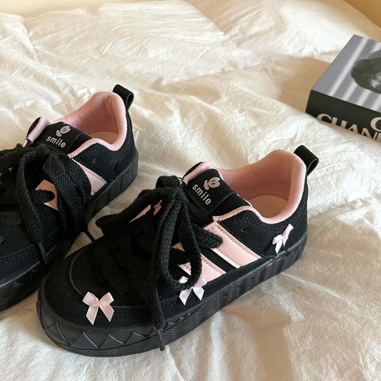 Coquette Aesthetic Pink Bow Sneakers - Y2K & 90s Fashion, Grunge, Retro, Summer Outfits