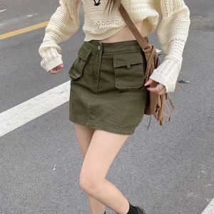 Cozy Couture Knit & Olive Mini: Y2K Summer Grunge Outfit, 90s Fashion, Retro Style, Baby