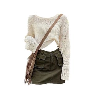 Cozy Couture Knit & Olive Mini: Y2K Summer Grunge Outfit, 90s Fashion, Retro Style, Baby