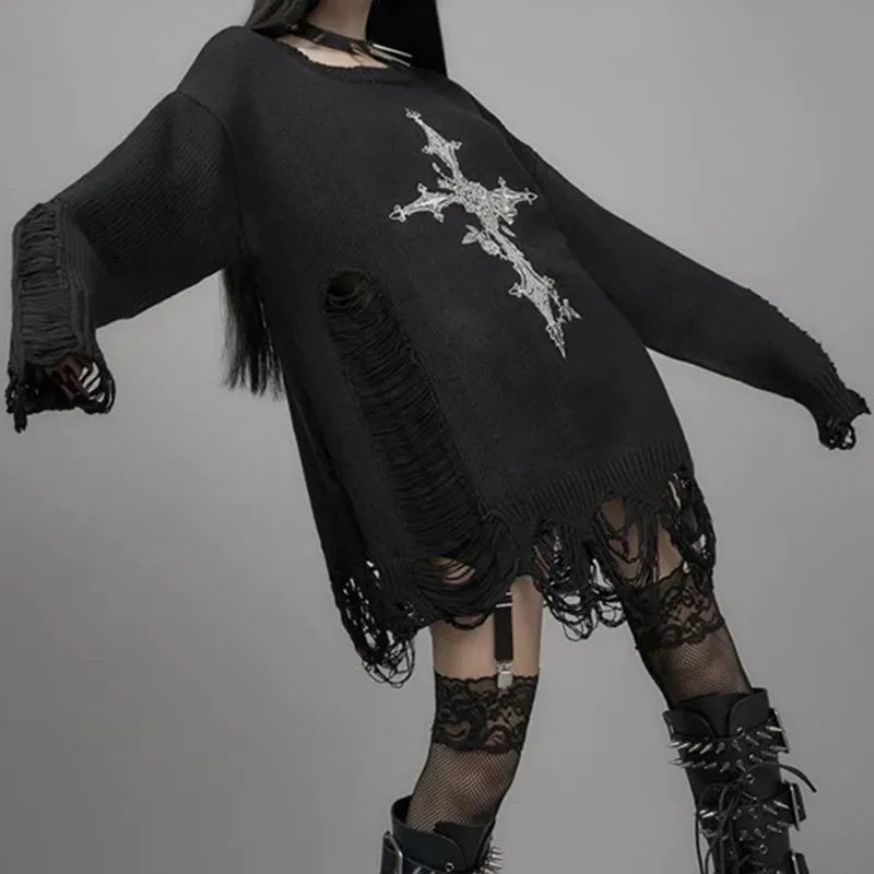 Criss Cross Gothic Y2K Sweater - Retro 90s Grunge, Y2K Summer & Party Outfits