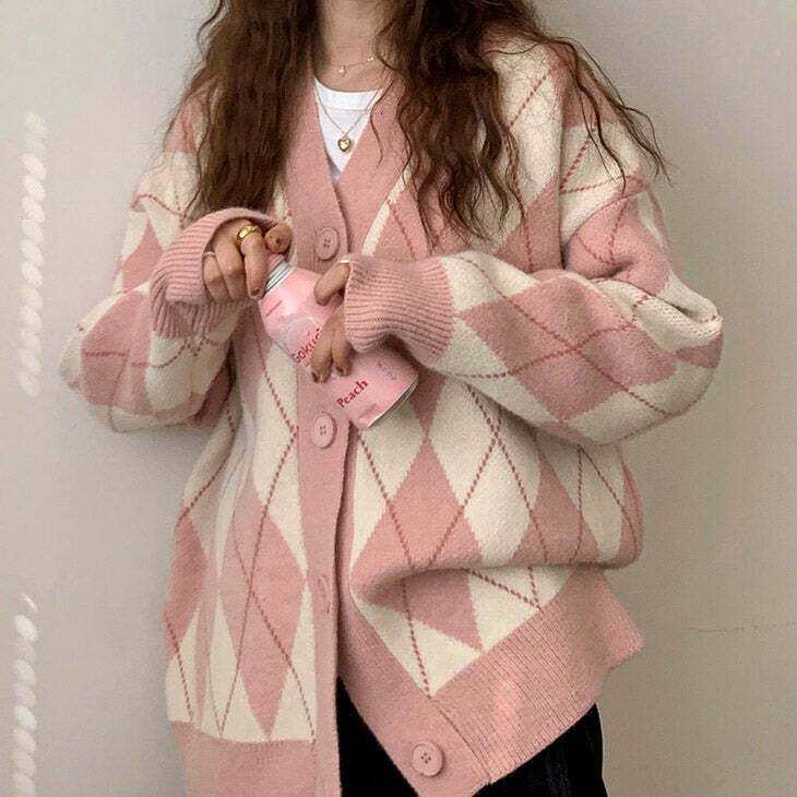 Cutie Secrets Y2K Argyle Cardigan - Retro 90s Grunge, Summer Outfits, and Pastel