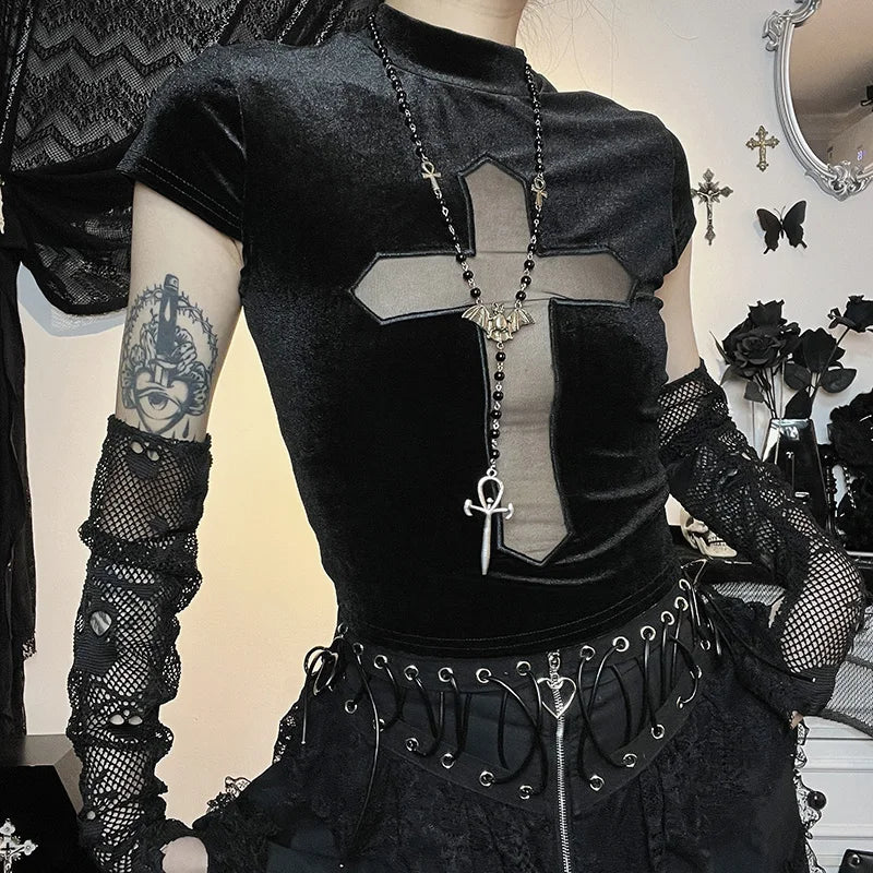 Dark Cross Sheer Mall Gothic Women's T-Shirt - Y2K Grunge, 90s Fashion, Retro Summer Outfit