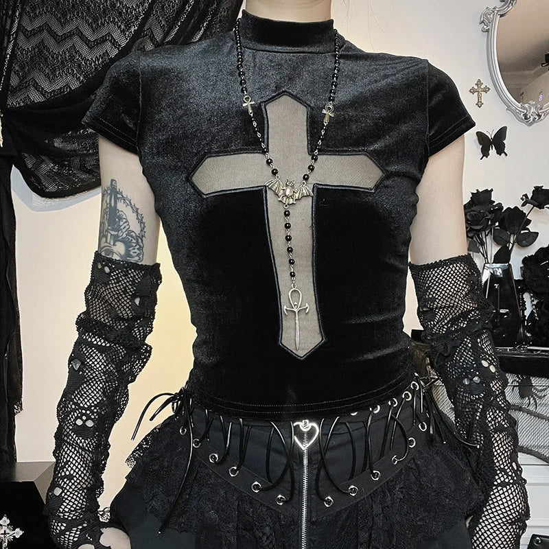 Dark Cross Sheer Mall Gothic Women's T-Shirt - Y2K Grunge, 90s Fashion, Retro Summer Outfit