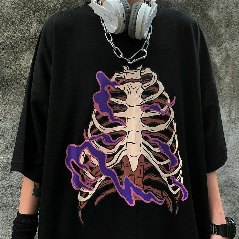 Dark Fire Skull Shirt - Y2K Grunge, 90s Fashion, Retro Goth, Summer Y2K Outfits