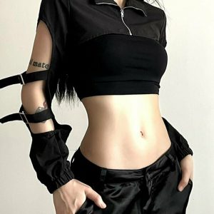 Dark Gothic Hollow Zip Top - Y2K Grunge, 90s Fashion, Retro Summer Outfit