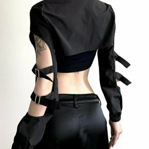 Dark Gothic Hollow Zip Top - Y2K Grunge, 90s Fashion, Retro Summer Outfit