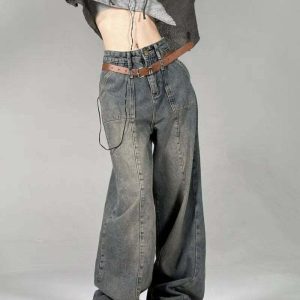 Distressed Y2K Wide Leg Jeans - Retro 90s Grunge, Summer Y2K Outfits, Hip Hop