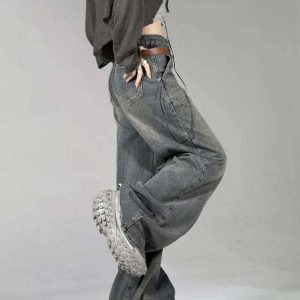 Distressed Y2K Wide Leg Jeans - Retro 90s Grunge, Summer Y2K Outfits, Hip Hop