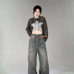 Distressed Y2K Wide Leg Jeans - Retro 90s Grunge, Summer Y2K Outfits, Hip Hop