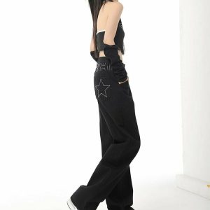 Downtown Girl Star Black Jeans - Y2K & 90s Fashion, Grunge, Retro, Summer & Party Out