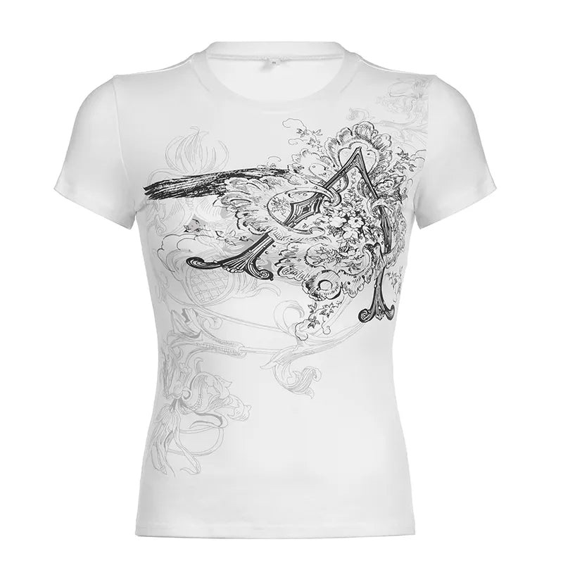 Edgy Graphic White Crop Women's T-Shirt - Y2K Summer, 90s Grunge, Retro Hip Hop Fashion