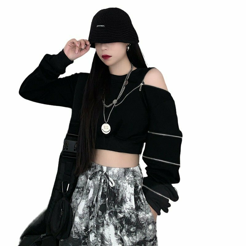 Edgy Off Shoulder Cropped Sweatshirt - Y2K Grunge, 90s Fashion, Retro Summer Outfit