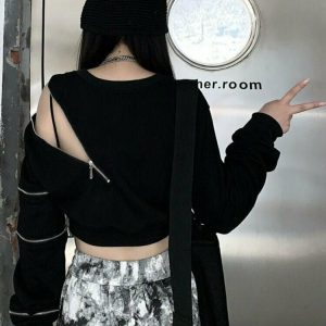 Edgy Off Shoulder Cropped Sweatshirt - Y2K Grunge, 90s Fashion, Retro Summer Outfit