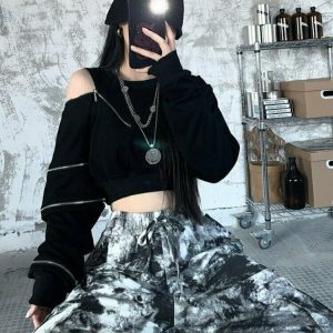 Edgy Off Shoulder Cropped Sweatshirt - Y2K Grunge, 90s Fashion, Retro Summer Outfit