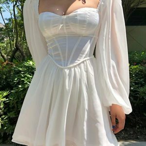 Elegant White Mini Dress - Y2K Summer Outfit, 90s Fashion, Grunge, Retro Style, Y2K