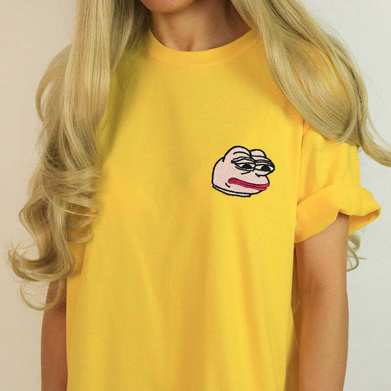 Feelz Bad Face T-Shirt in Yellow - Y2K Summer Grunge Outfit, 90s Retro Style, Baby Te